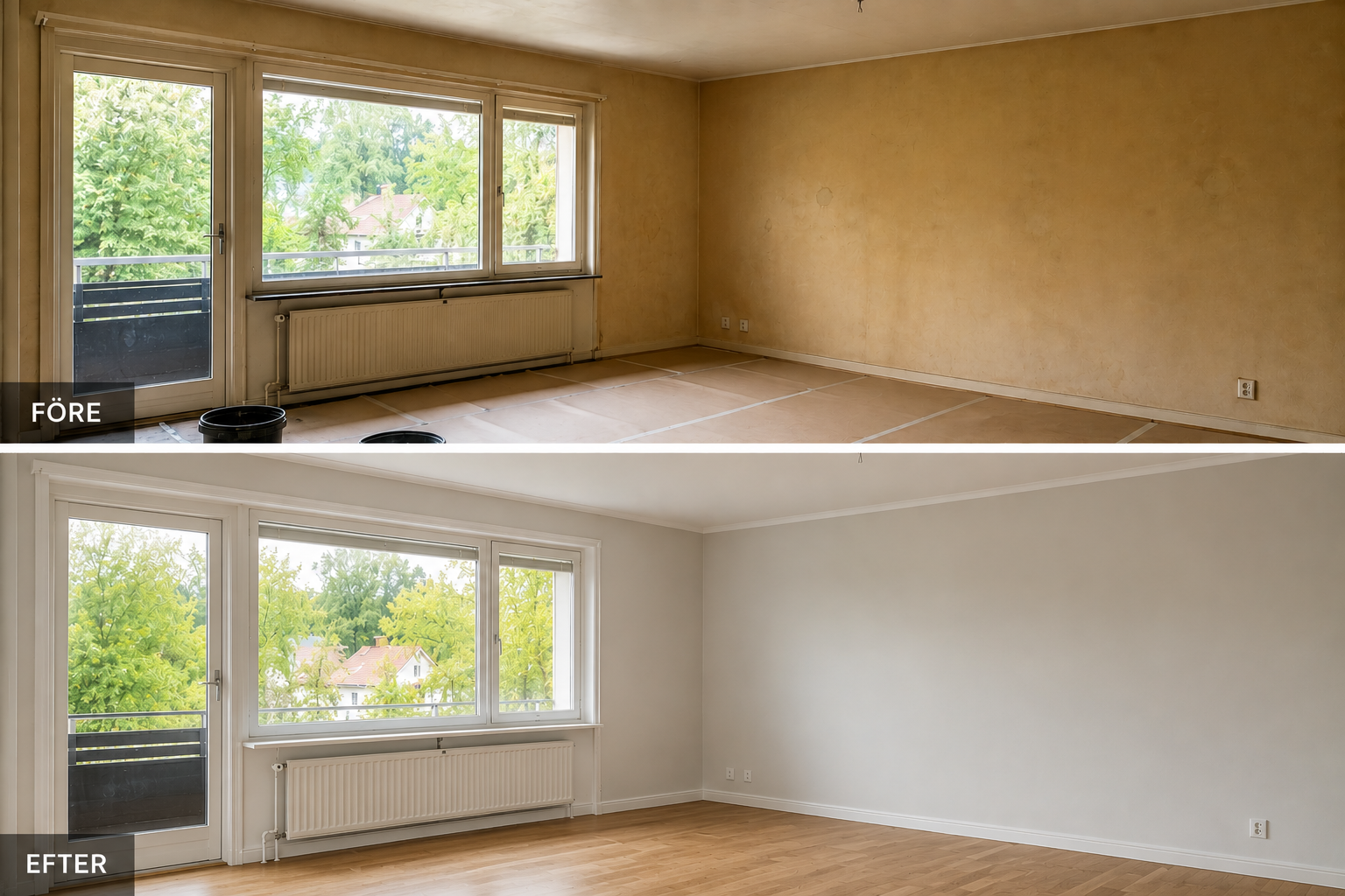 Före och efter invändig målning av vardagsrum