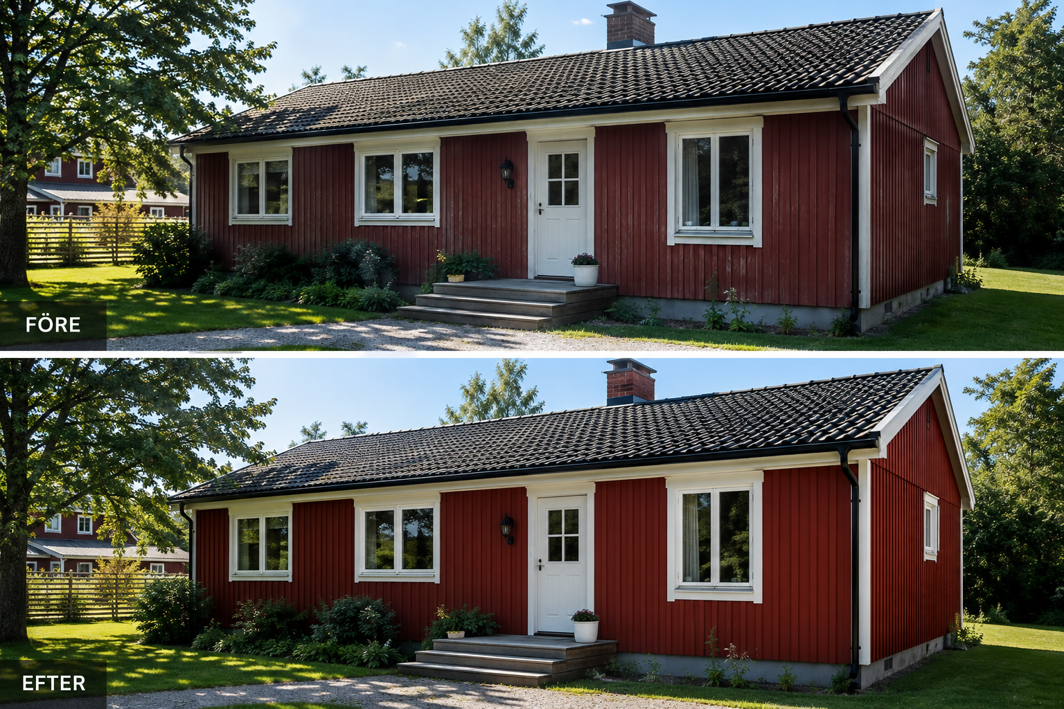 Före och efter fasadmålning med falurödfärg